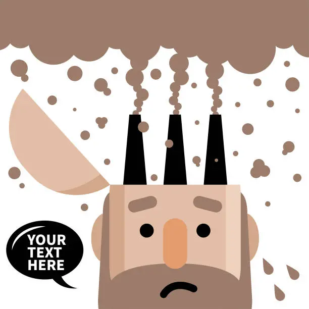 Vector illustration of Senior man has smoke stacks in his open head (negative emotion). Mental health issues in the elderly