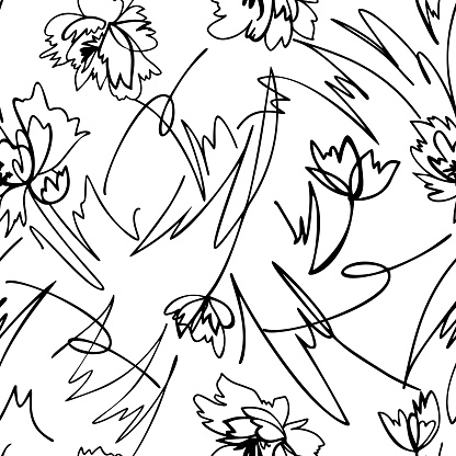 istock Simple nature floral background. Seamless pattern with hand drawn flowers isolated on white. Line art .Contour drawing. Sketch style. Fashion design for your textile and fabric, wrapping, any surface. 1262571191