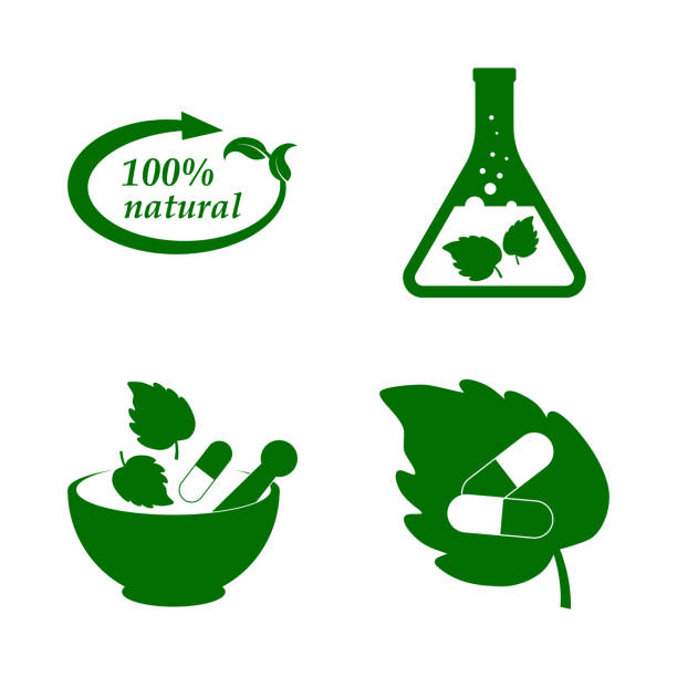 ilustrações de stock, clip art, desenhos animados e ícones de herbal medicine set icons isolated on white. stencil eco symbols. vector stock illustration. eps 10 - nutritional supplement herbal medicine pill nature