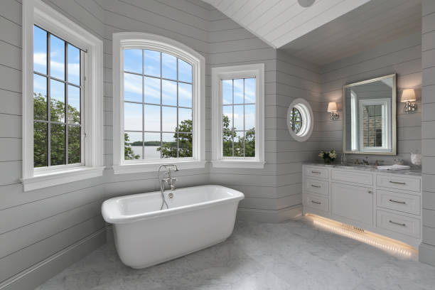 istock Freestanding bathtub in bathroom nook 1262572402