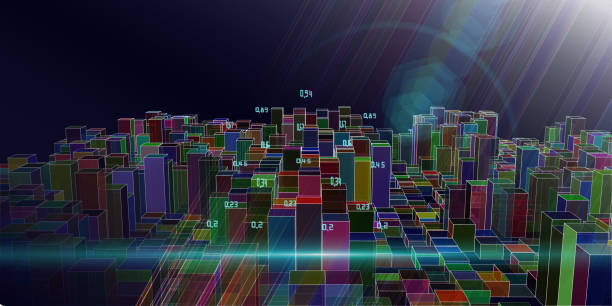 istock Abstract  infographicswith colorful parallelepipeds and  data  with bllured lines on dark background.  Data chart.  Big data. 3d grid data chart banner. 1262573496