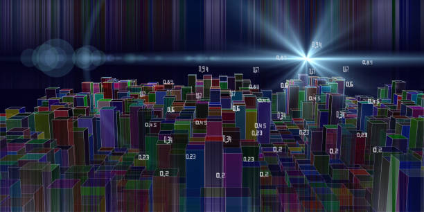 istock Big data. Abstract  infographicswith colorful parallelepipeds and data with bllured lines on dark.  Data chart. 3d grid data chart concept. 1262573499