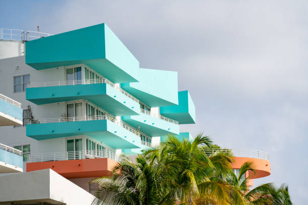 Art Deco. Luxury building of Miami beach. Ocean drive. Miami South Beach in Ocean Drive. Art Deco building architecture. Architectural building. Historic District. Art deco architectural district.