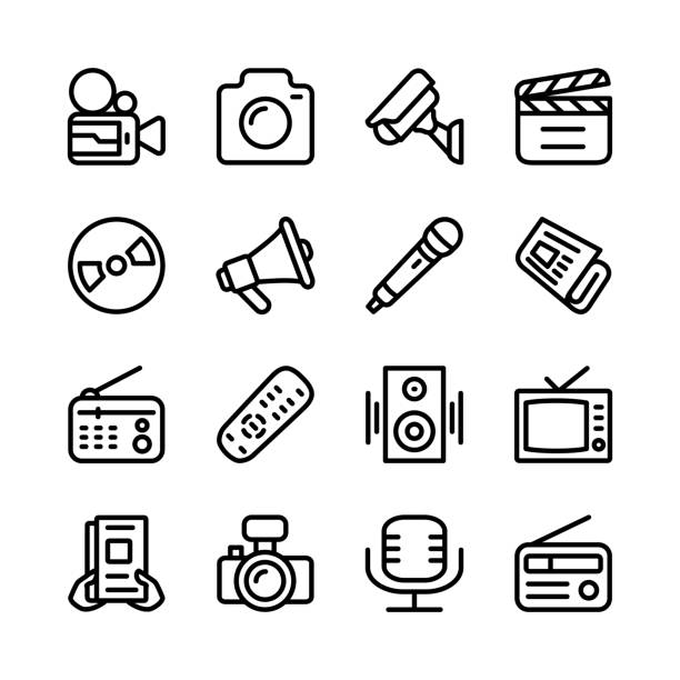ilustraciones, imágenes clip art, dibujos animados e iconos de stock de icono de medios conjunto colección arte diseño trazo editable - televisión fotos