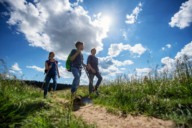 Kids hiking in mountain meadows. Happy family hiking in the mountains, meadows and forests. Three kids are enjoying the trail on the sunny summer day.
Polish mountains Gorce. 
Nikon D850 wide angle photos stock pictures, royalty-free photos & images
