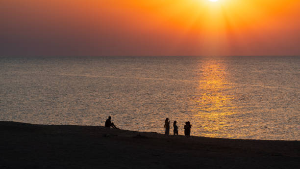 istock Silhouettes of people on beach at sunset 1262575608