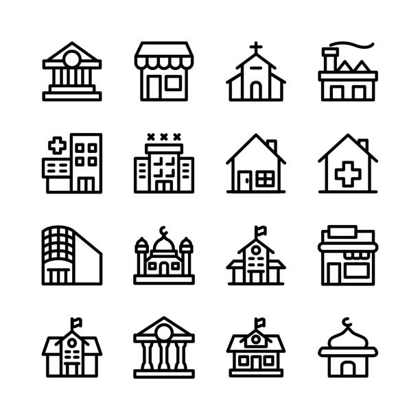 budowanie ikona zestaw kolekcja kolekcja linia grafika projekt edytowalny obrys - madrid built structure house spain stock illustrations