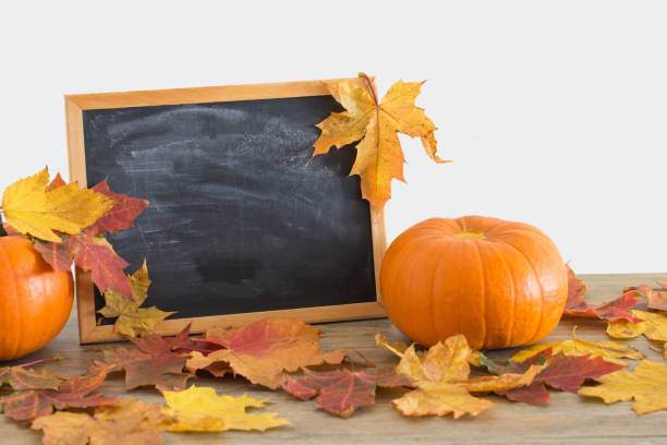 istock chalkboard and autumnal leaves on wooden table 1262576566