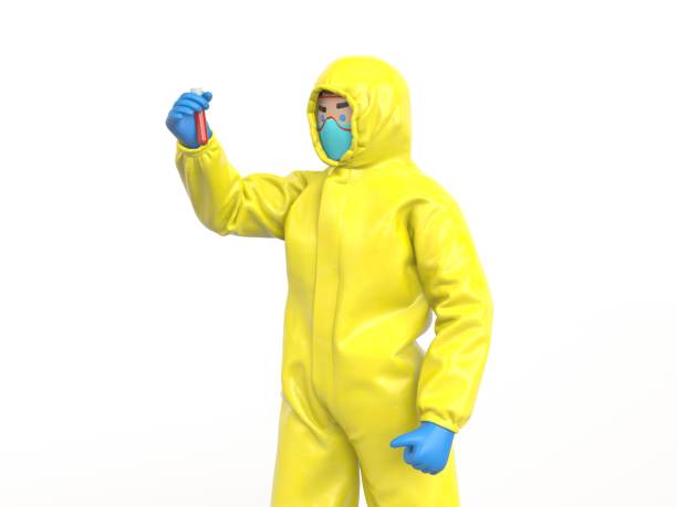 istock Medic in yellow hazmat suit looking on blood test 1262579101