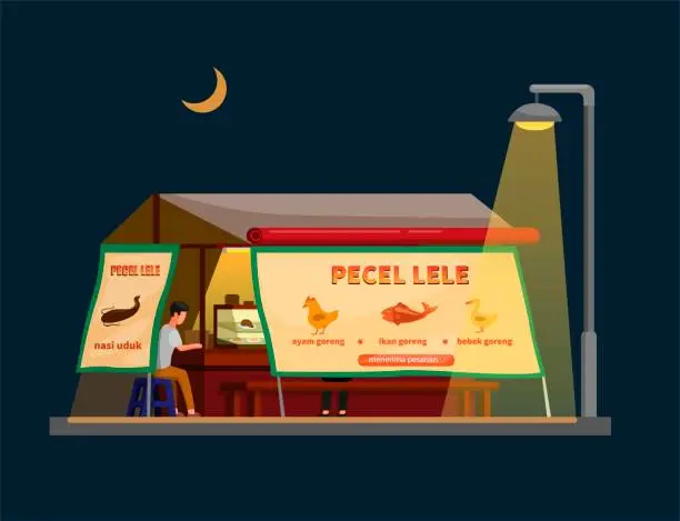 Vector illustration of Pecel lele aka catfish fried indonesian traditional street food stall vendor in night scene illustration in cartoon vector