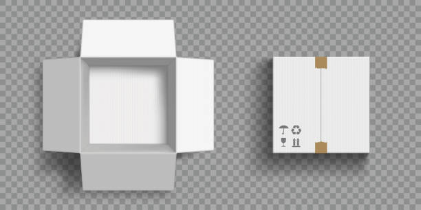 Open and closed cardboard boxes. Vector mock up. Open and closed cardboard boxes. Template isolated on a transparent background. Vector mock up. cardboard box mockup stock illustrations