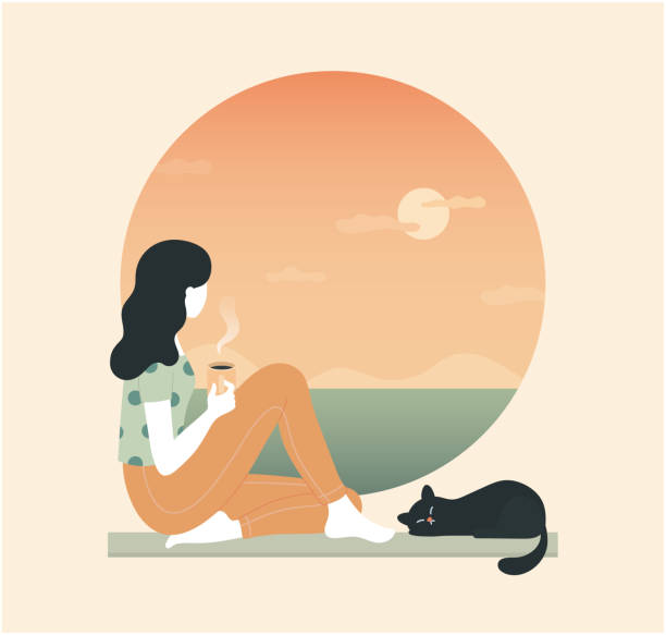 Young thoughtful woman drinking coffee and looking through window while sitting on windowsill at home. cat, tea, sunset, cloud, sea, ocean. Thinking, meditating, relaxed concept. Vector illustration. Vector design illustrations. zills stock illustrations