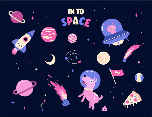 ilustrações, clipart, desenhos animados e ícones de adesivos de cosmos bonitos definir conceito. coloque em um tema espacial com alienígenas, ovnis, foguetes, cachorro, pizza, planetas - lua, saturno, estrelas. isolado em fundo preto. engraçado desenho animado espaço definir ilustração vetorial. - science planet space rocket