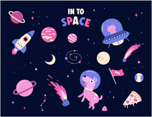 Cute cosmos stickers set concept. Set on a space theme with aliens, ufo, rocket, dog, pizza, planets - moon, saturn, stars. isolated on black background. funny cartoon space set vector illustration. Vector design illustrations. rocketship patterns stock illustrations