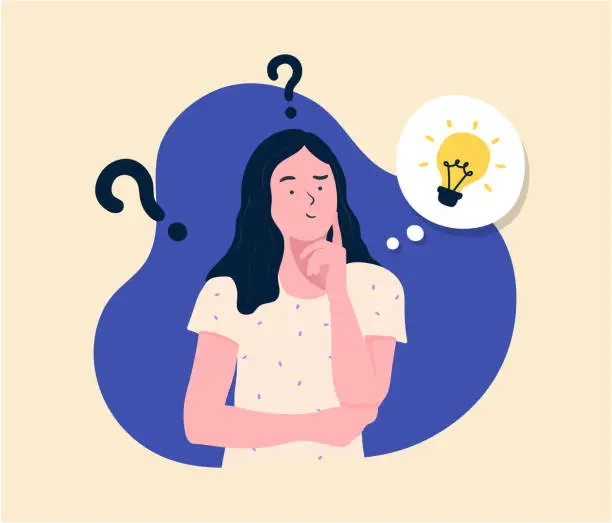 Vector illustration of problem solving concept, woman thinking, with question mark and light bulb icons. creative idea. Hand drawn style vector design illustrations