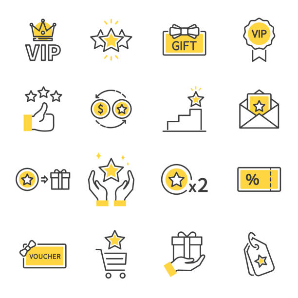 Royalty program line icon set. Included icons as member, VIP, Exclusive, Reward, Voucher, High level, Gift Cards, Coupon, outline icons set, Simple Symbol, Badge, Sign. Flat Vector thin line Icon Vector design illustrations. coupon stock illustrations