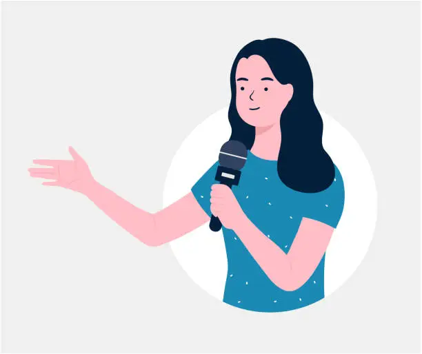 Vector illustration of News reporter woman speaking on microphone. A woman holds a microphone in her hand. Business Woman Presentation with Hand Pointing. journalist, Singing, Show, flat vector illustration.