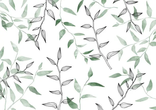 Vector illustration of Seamless exotic pattern with leaves. Watercolor, Line drawing. Hand drawn style. Herbal, Greenery, leaf. Modern neutral Vector illustration. Background. Poster, Card.