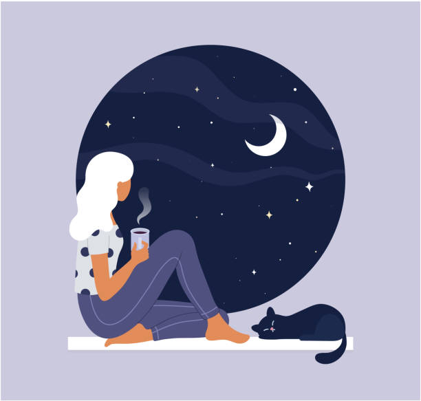 若い思慮深い女性がコーヒーを飲み、家の窓辺に座りながら窓から見ます。猫、お茶、新月、夜空。思考、瞑想、リラックスしたコンセプト。ベクターの図。 - コーヒー イラスト点のイラスト素材／クリップアート素材／マンガ素材／アイコン素材