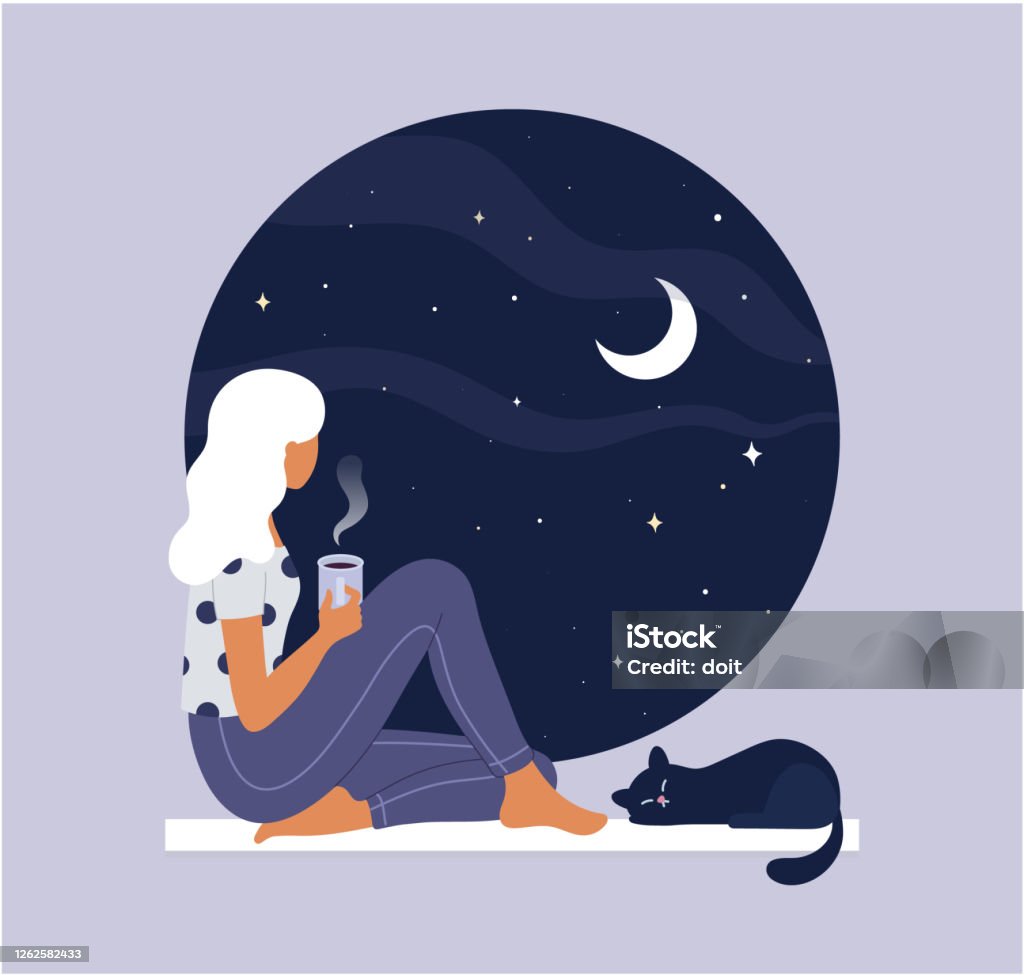 Young thoughtful woman drinking coffee and looking through window while sitting on windowsill at home. cat, tea, new moon, night sky. Thinking, meditating, relaxed concept. Vector illustration. Vector design illustrations. Moon stock vector