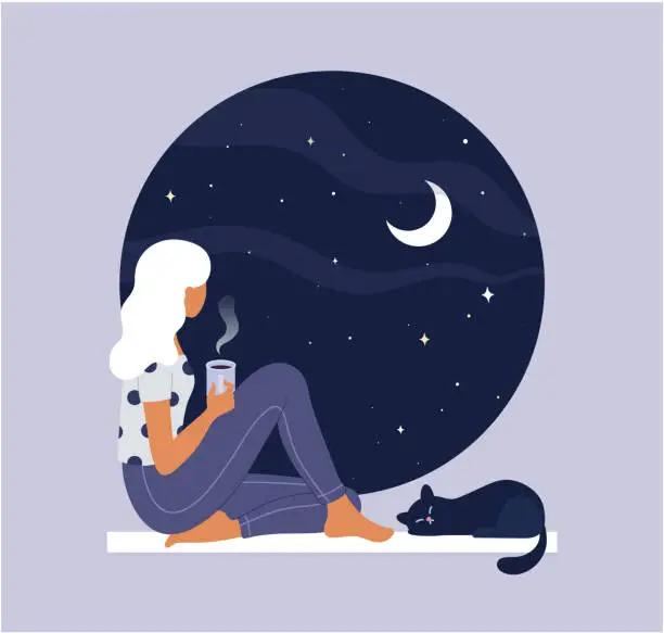 Vector illustration of Young thoughtful woman drinking coffee and looking through window while sitting on windowsill at home. cat, tea, new moon, night sky. Thinking, meditating, relaxed concept. Vector illustration.
