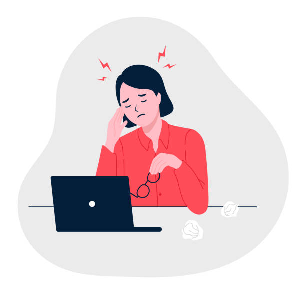 Stressful work, Stress at workplace. Busy business woman, Project failure, Workaholic. Unhappy female clerk sitting at desk. Sad, tired or exhausted woman at office. flat vector illustration Vector design illustrations. headache illustrations stock illustrations