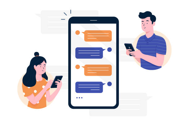 chat-nachrichten smartphone, sms auf handy-bildschirm. mann, frau paar chatten, messaging mit chat-app oder sozialen netzwerk. zwei personen handy-gespräch senden von nachrichten. vektor-illustration. - mobile phone communication discussion text messaging stock-grafiken, -clipart, -cartoons und -symbole