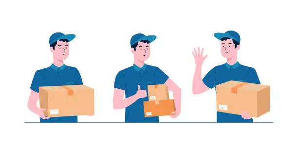 Vector illustration of Courier Young Man Character Set. Delivery man in blue uniform holding boxes in different poses. Vector illustration.