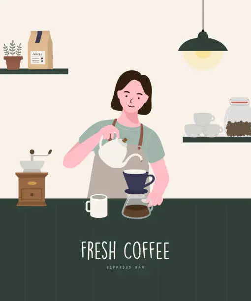 Vector illustration of Barista woman making coffee on counter coffee. Female barista, manual brew drip coffee and accessories, wearing apron petting, interior decoration, Modern flat vector illustrations.
