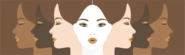 Vector illustration of Multi-ethnic beauty. Different ethnicity women: African, Asian, European, Latin American, Arab. Women different nationalities and cultures. Women's Day card or poster, web banner or header.
