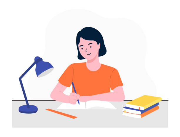 ilustrações de stock, clip art, desenhos animados e ícones de happy girl studying with books. student girl at the desk writing for her homework. back to school. studying on the table. study concept. flat vector illustration. - education child learning pencil