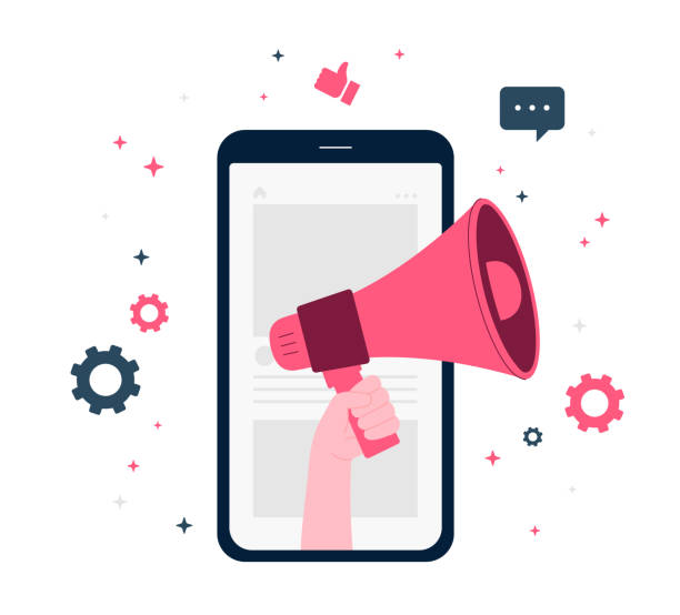 ilustrações, clipart, desenhos animados e ícones de marketing digital, digital mobile e affiliate online social media. conceito de estratégia de marketing. consulte um amigo publicitário. celular, mantive megafone, ilustração vetorial plana - social media marketing branding sign