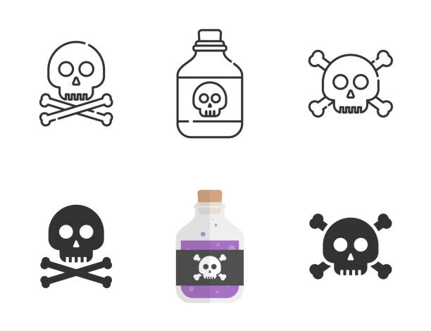 두개골과 십자가 아이콘, 두개골 라벨, 할로윈 디자인 요소 또는 고전적인 "졸리 로저"해적 플래그와 독극물 또는 유독 화학 독소의 병. 윤곽선, 선. 벡터 플랫 일러스트레이션. - skull and crossbones toxic substance halloween human bone stock illustrations