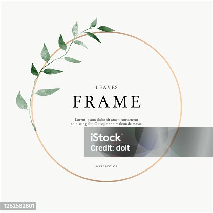 istock leaves minimalistic vector round frame. Hand drawing plants, branches, Herbal. Greenery wedding square invitation. leaf, Circle. Gold line. Watercolor style. Modern neutral design for poster, card. 1262582801