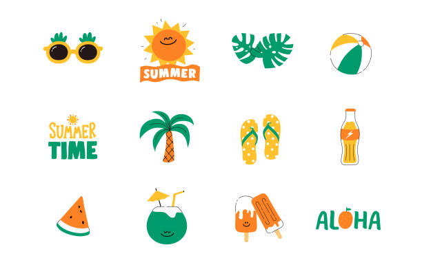 Set of cute summer icon : Sun, Beach ball, Slipper, Sunglass, food, drinks, palm leaves, fruits. Bright summertime poster. Collection of scrapbooking elements for beach party. doodle line, flat Vector Vector design illustrations. summer stock illustrations