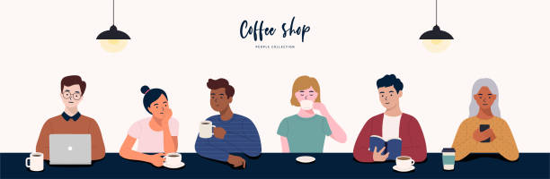 Young people communicating and working at modern coffeehouse . Man, woman and group of people sitting on long table use laptop at cafe. Coworking, Front view. Flat minimal vector illustration. Vector design illustrations. meeting at cafe stock illustrations