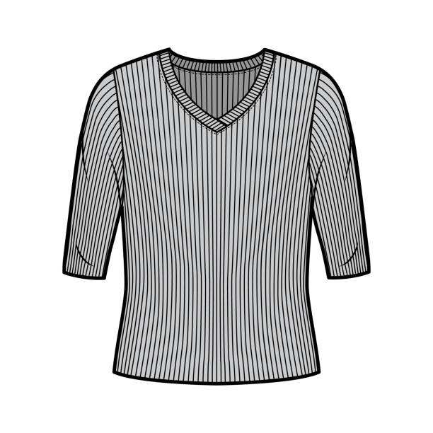 istock Ribbed V-neck knit sweater technical fashion illustration with elbow sleeves, oversized body 1262583138