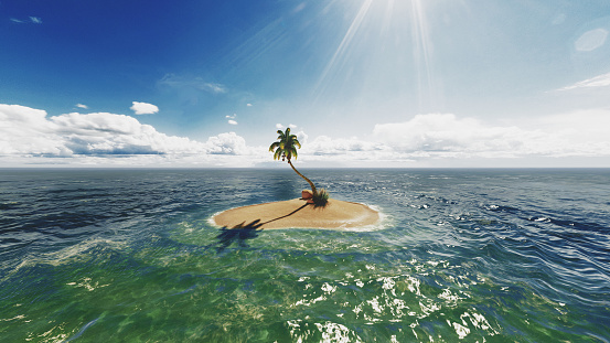 Isla deshabitada o desierta con palmeras en aguas poco profundas de color turquesa. Renderizado en 3D photo