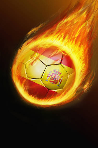Spain national football team. National Flag on green grass and soccer ball. Football wallpaper for Championship and Tournament in 2022. World international match.