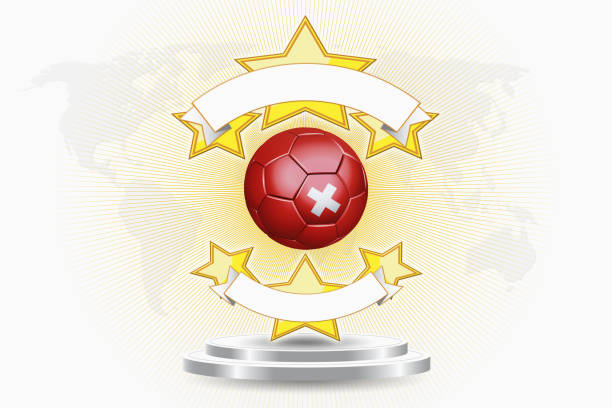 Switzerland national football team. National Flag on green grass and soccer ball. Football wallpaper for Championship and Tournament in 2022. World international match.