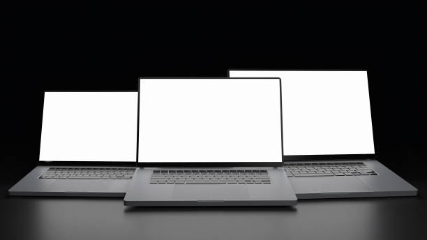 istock Three laptops in air on black background. Template. White display. Concept mockup 1262595230