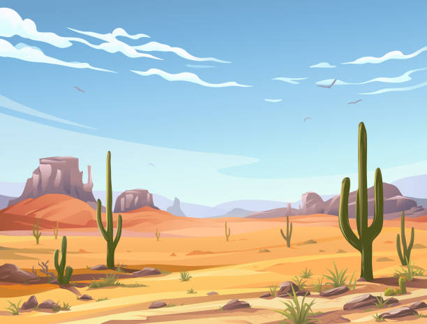 Tranquil Desert Scene Vector illustration of a desert landscape with Saguaro cactus. In the background are hills and mountains and a blue cloudy sky. texas mountains stock illustrations