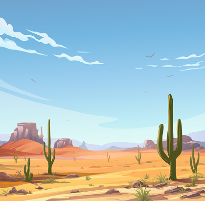Illustration of a desert landscape with Saguaro cactus. In the background are hills and mountains and a blue cloudy sky. Vector illustration with space for text.