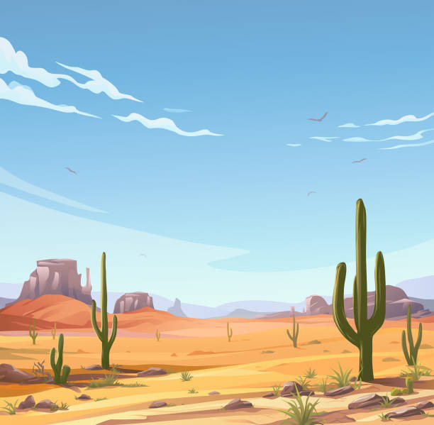 Idyllic Desert Scene Illustration of a desert landscape with Saguaro cactus. In the background are hills and mountains and a blue cloudy sky. Vector illustration with space for text. wild west illustrations stock illustrations