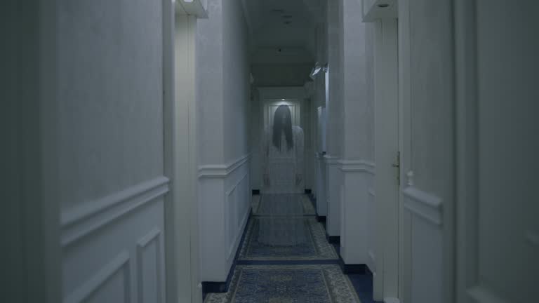 Bride ghost appearing in hotel corridor, haunted building, paranormal events