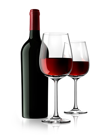 Blank bottle of red wine with glasses isolated on white background - Mock up or Template