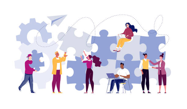 Symbol of teamwork, cooperation, partnership. Team building concept. Business team metaphor. Business partners or company employees work together on a project. Young people put together puzzle pieces. Illustration.Vector. Flat. Cartoon. clip art stock illustrations