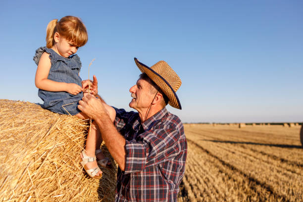 istock Farmer looking at granddaughter sitting on hay 1262600447