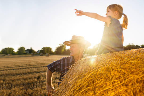 istock Child sitting on a hay stack and pointing finger in distance 1262600456