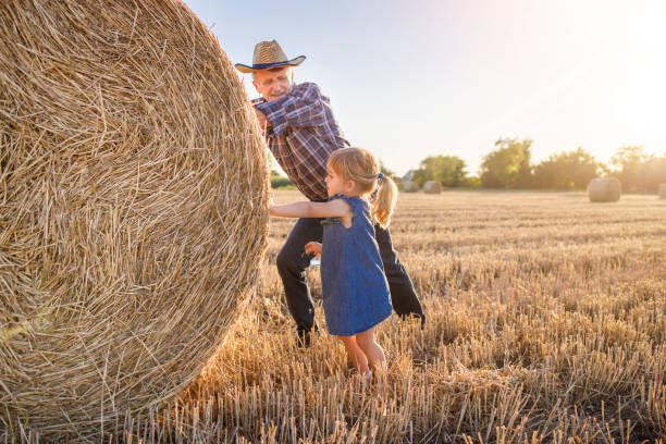 istock Grandpa and granddaughter rolling hay 1262600481